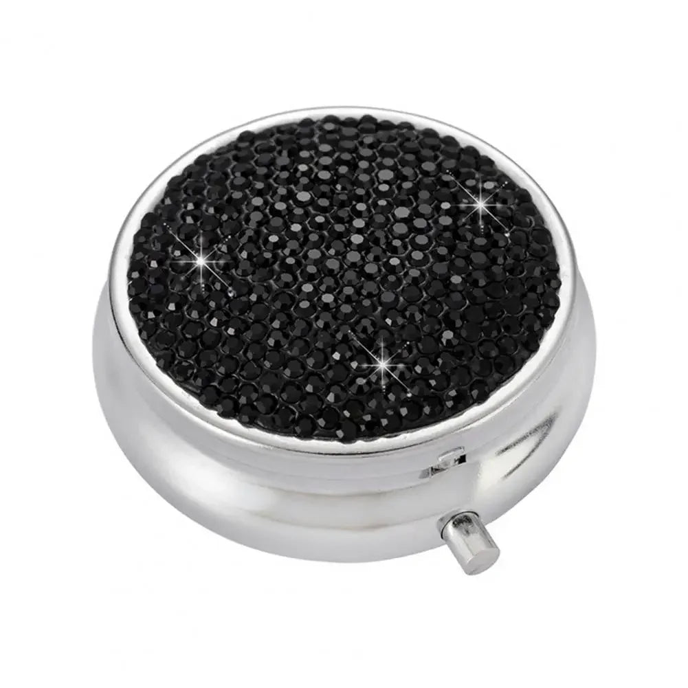 Sparkling Rhinestone Pill Organizer with Mirror – 3 Compartments Pill Organizer Case PLUSH Black