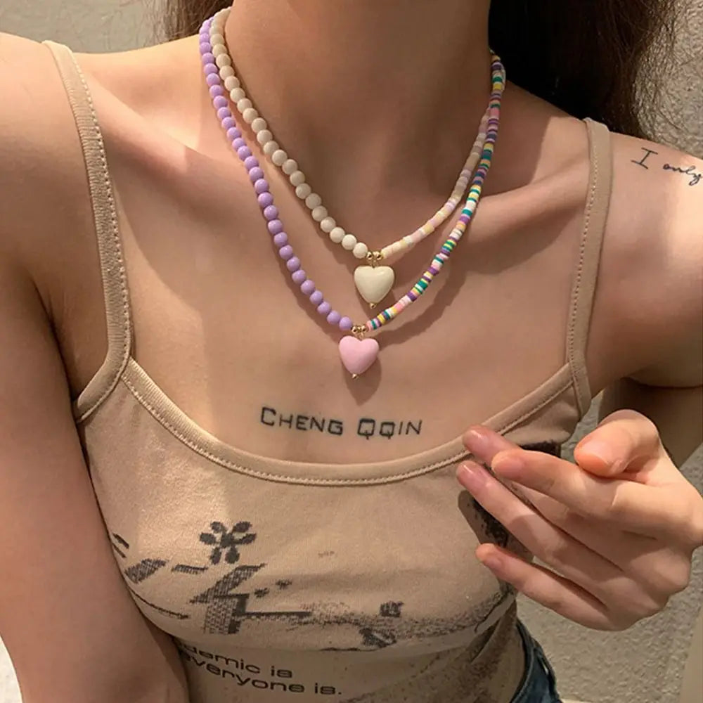 Y2K Rainbow Heart Pendant Necklace | Korean Chain Jewelry Heart Pendant Necklace PLUSH