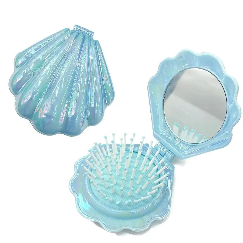 Shell Folding Airbag Hair Brush with Mirror – Anti-Static Comb Folding Hair Brush PLUSH Blue
