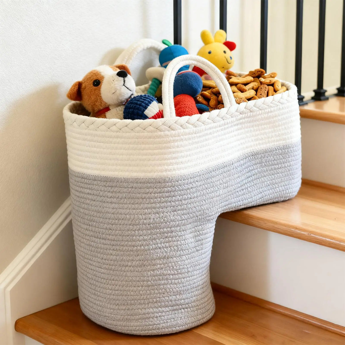 Stair Step Storage Basket – L-Shaped Bamboo & Cotton Organizer Stair Storage Basket PLUSH
