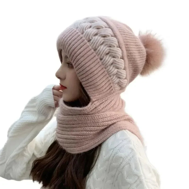 Women's Fleece Knit Hat & Scarf Set – Windproof Winter Winter Hat Scarf Set PLUSH Pink Hat 3PCS