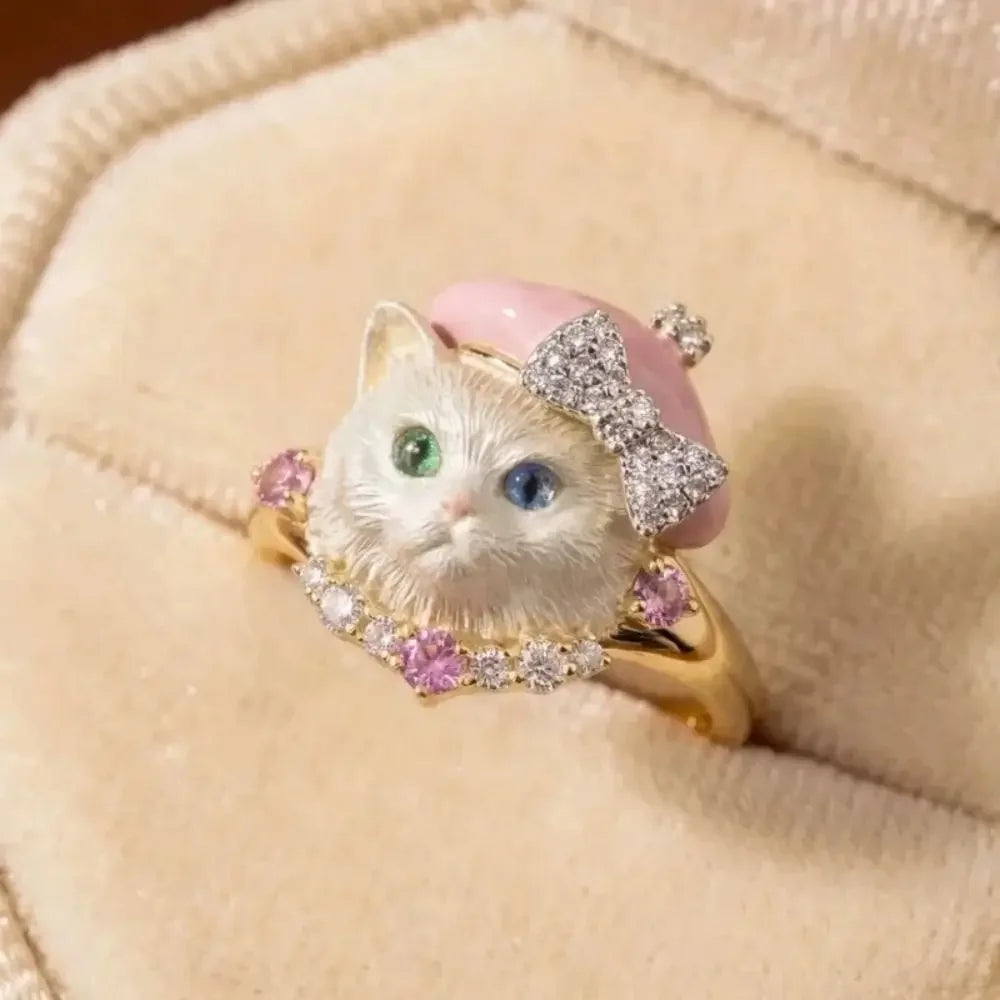 Cute Animal Head Rhinestone Adjustable Ring – Kitten & Dog Fashion Ring PLUSH
