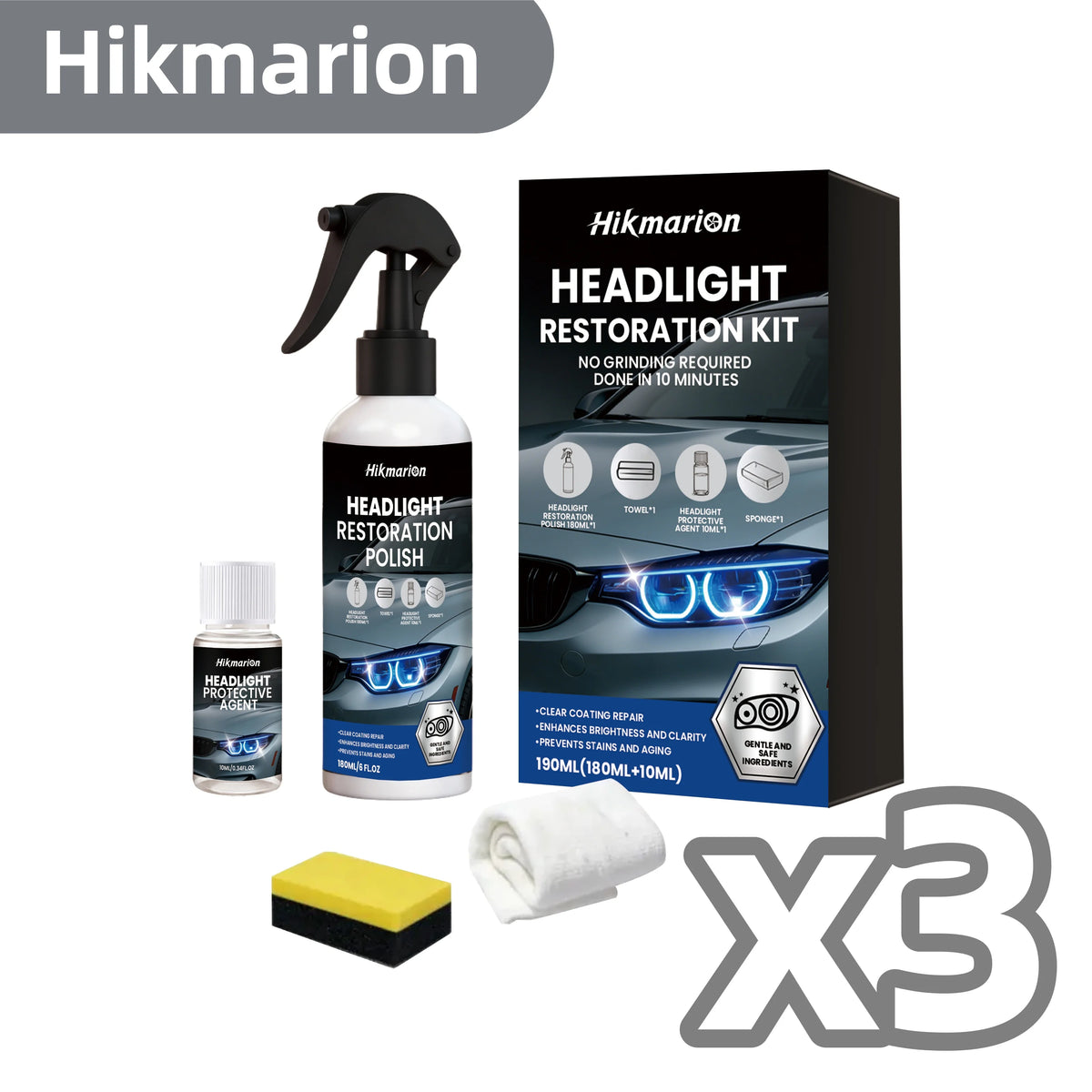 Headlight Restoration Kit – Remove Yellowing & Oxidation | Hikmarion Headlight Restoration Kit PLUSH 3SET