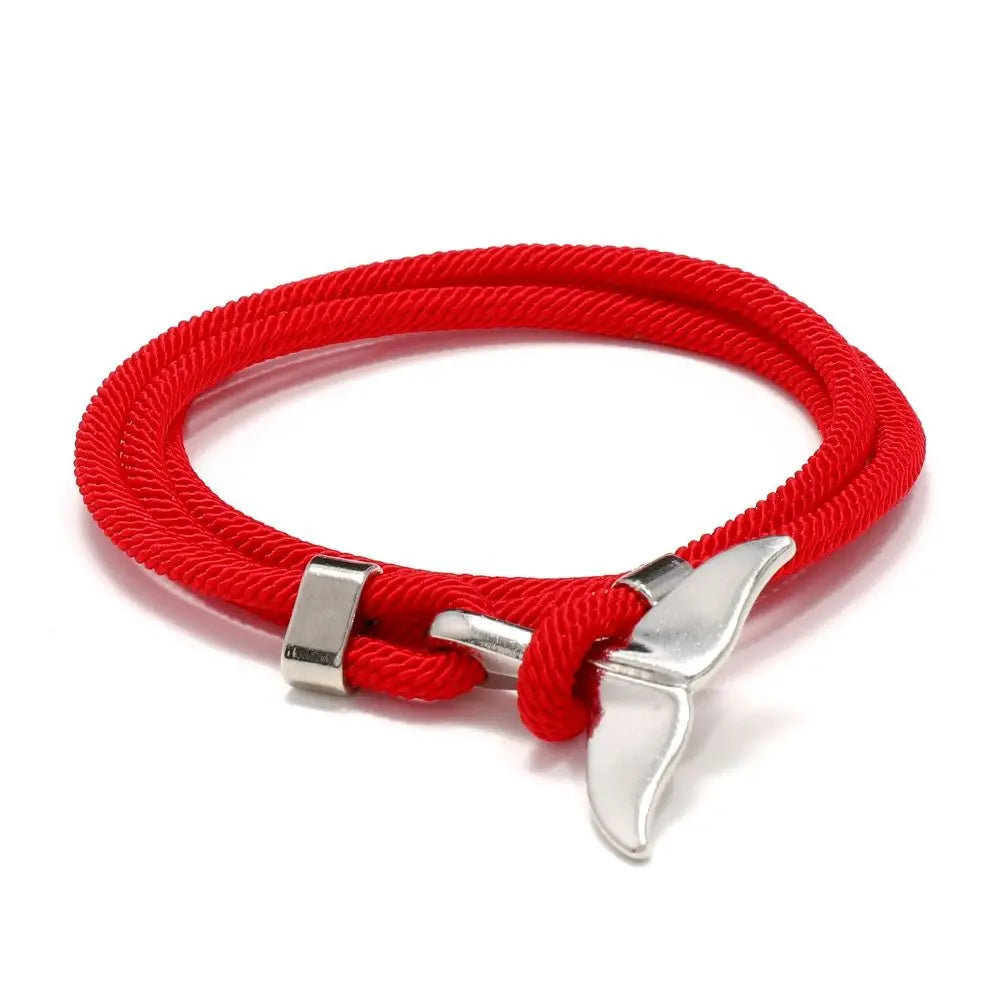 Whale Tail Braided Rope Charm Bracelet – Ocean Series Unisex Charm Bracelet PLUSH red-silver tail