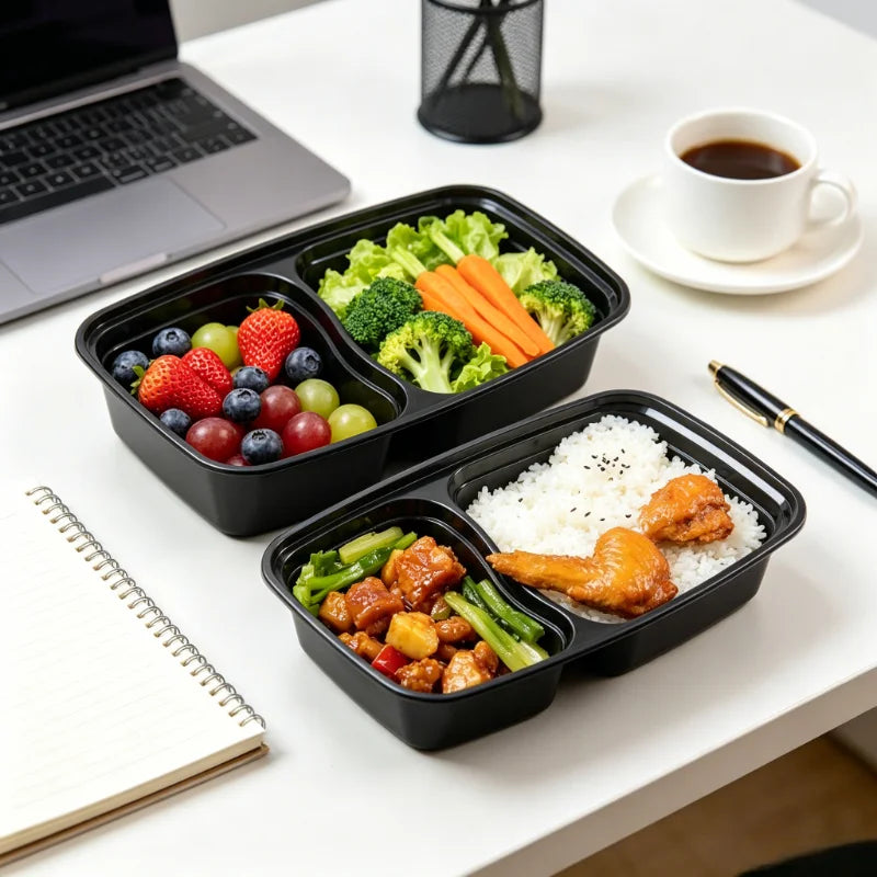 Black Two-Compartment Lunch Boxes – 5 or 10 Pack Food Lunch Box PLUSH