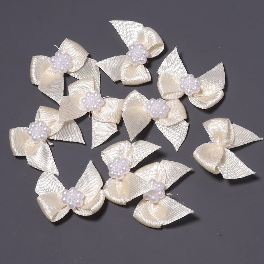 20pcs Pearl Satin Ribbon Bows – DIY Hair & Gift Decor Ribbon Bows PLUSH beige