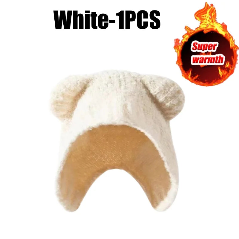Women's Bear Ear Fleece Lined Knit Beanie – Korean Winter Hat Winter Knit Beanie PLUSH White-1PCS