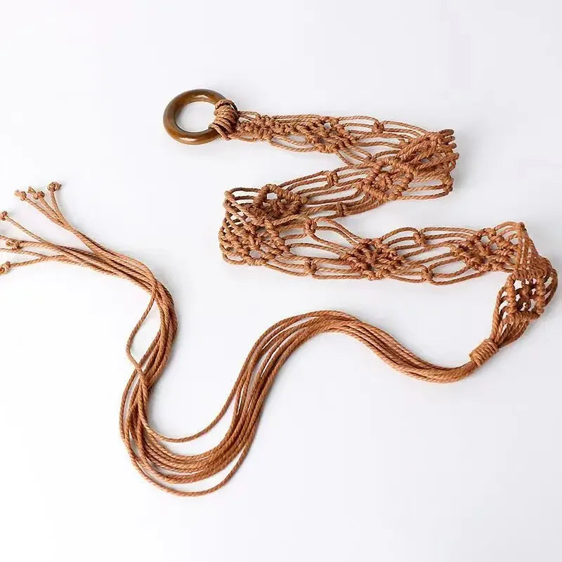 Women's Woven Tassel Waist Belt – Korean Knotted Cotton Rope Woven Waist Belt PLUSH Caramel