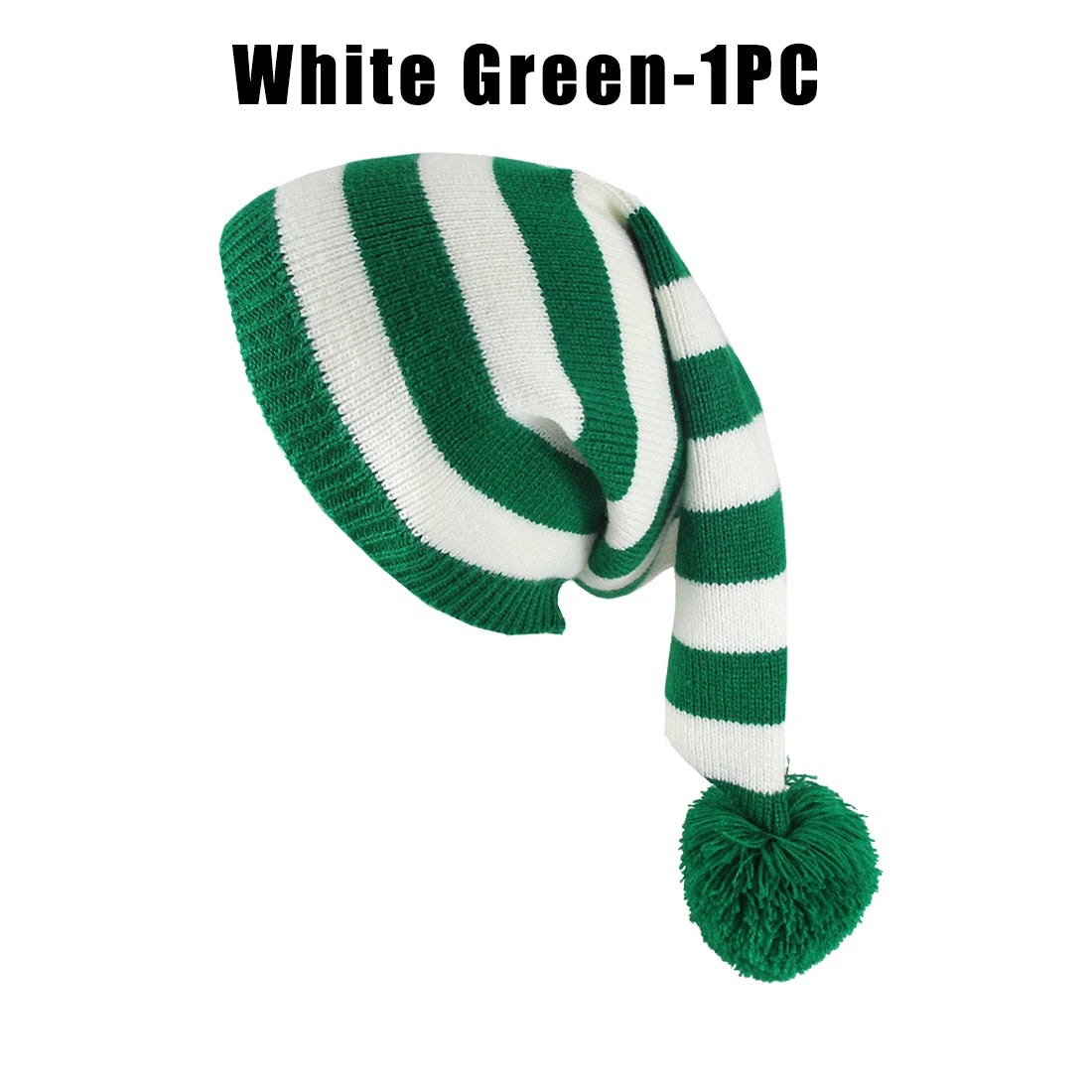 Winter Long Tail Elf Hat Christmas Knit Pom Pom Santa Hat Christmas Elf Hat PLUSH as show White Green 1PC
