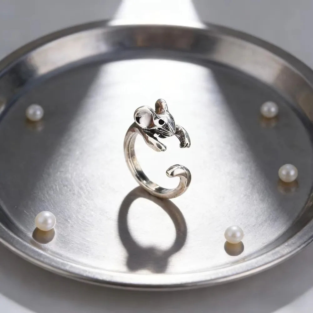 Silver Retro Mouse Open Ring – Adjustable Animal Jewelry Animal Fashion Ring PLUSH
