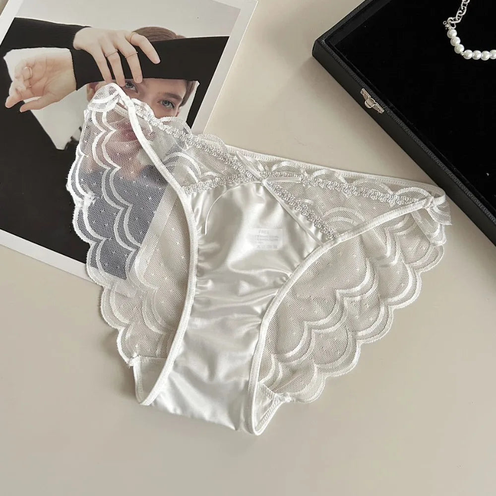 Low Rise Lace Briefs – Seamless Mesh Panties Cotton Crotch Women's Lace Briefs PLUSH White One Size 1pc