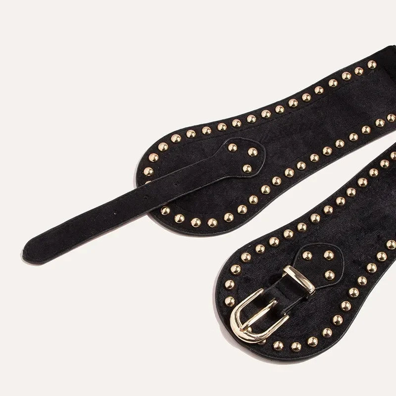 Women's Faux Leather Rivet Wide Elastic Waist Belt | Western Wide Waist Belt PLUSH black 81cm