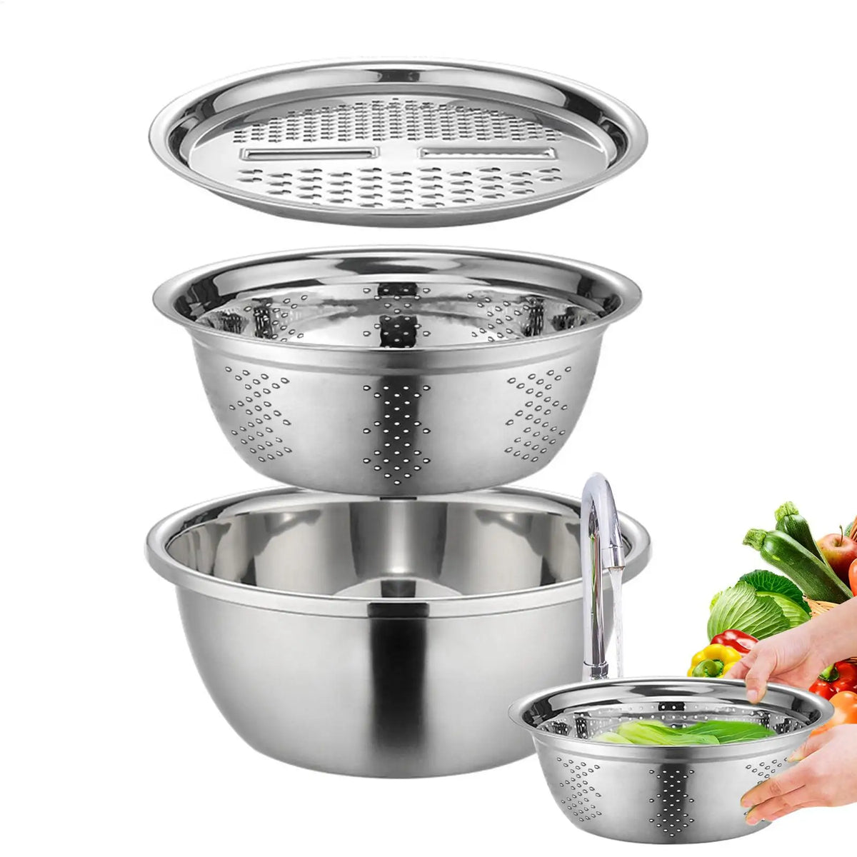 Stainless Steel 3-in-1 Mixing Bowl Set with Grater & Drain Basket Mixing Bowl Set PLUSH