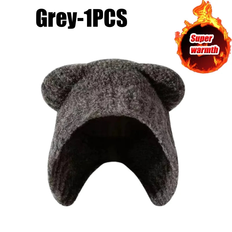 Women's Bear Ear Fleece Lined Knit Beanie – Korean Winter Hat Winter Knit Beanie PLUSH Grey-1PCS