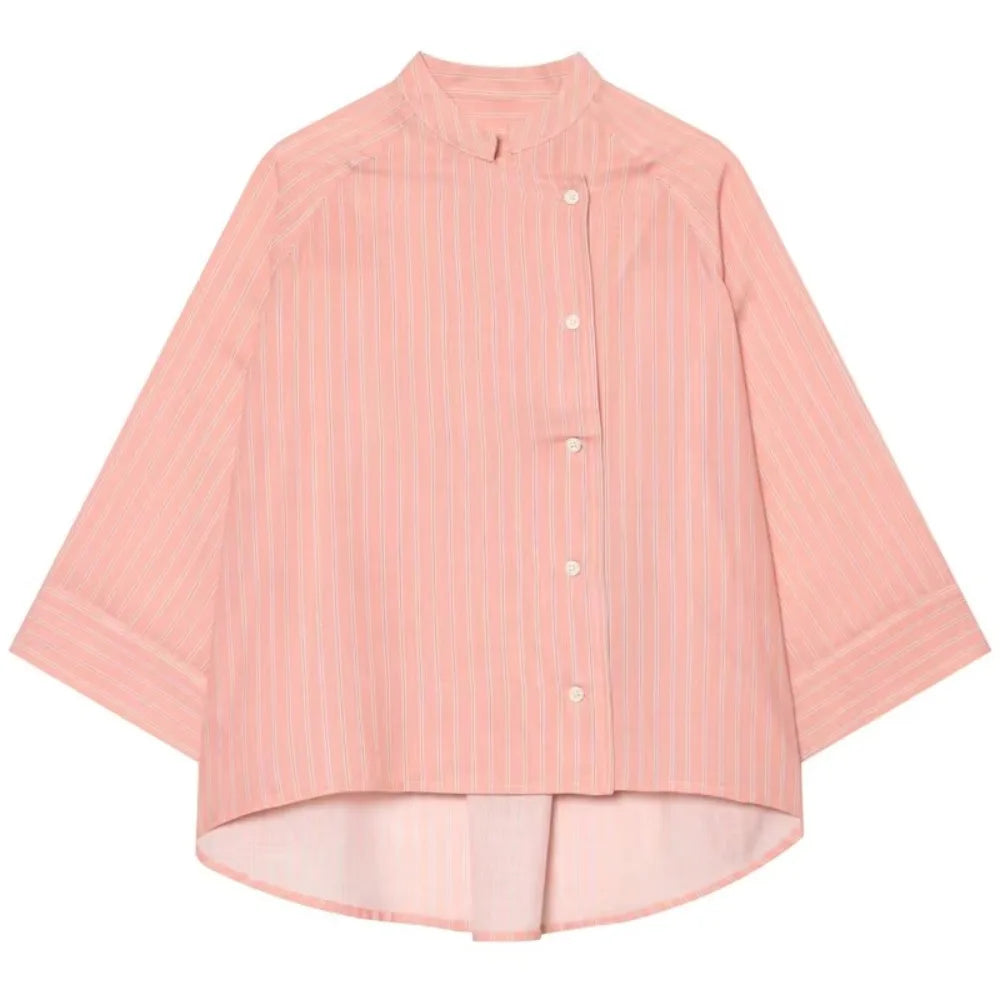 Women's Striped Loose Blouse – Asymmetric Button Top Mid Sleeve Casual Striped Blouse PLUSH Pink S