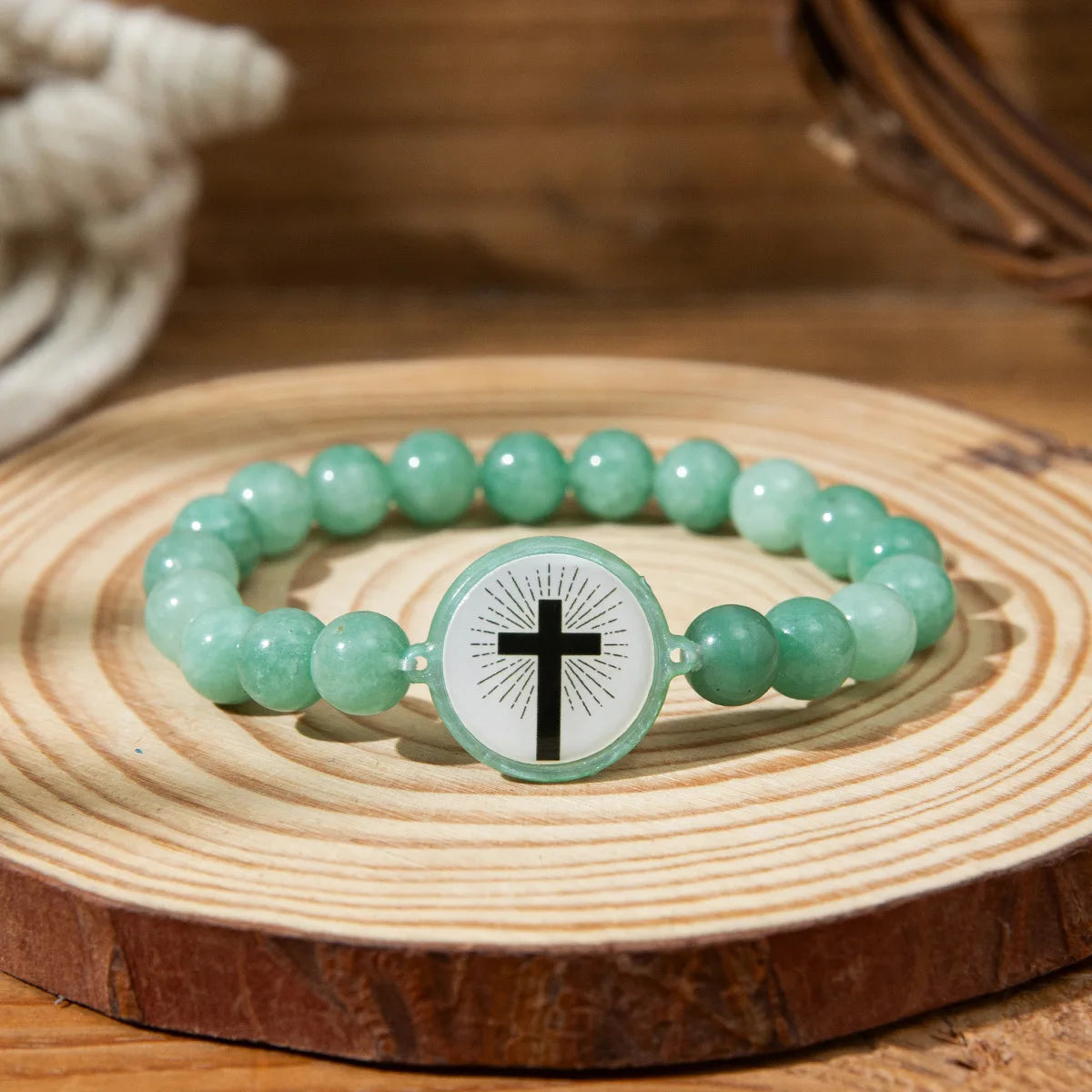 NFC Bible Verse Natural Stone Cross Bracelet – Unisex Christian Beaded Cross Bracelet PLUSH green length 18cm
