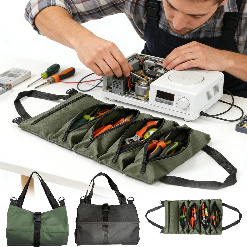 Canvas Tool Roll Up Bag – 5 Zipper Pockets Hanging Organizer Tool Roll Organizer PLUSH