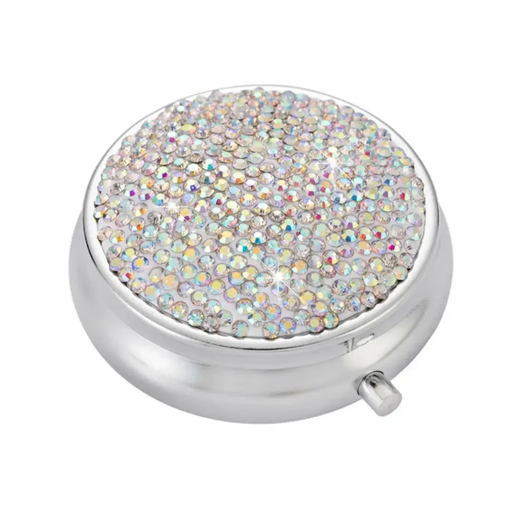 Sparkling Rhinestone Pill Organizer with Mirror – 3 Compartments Pill Organizer Case PLUSH AB