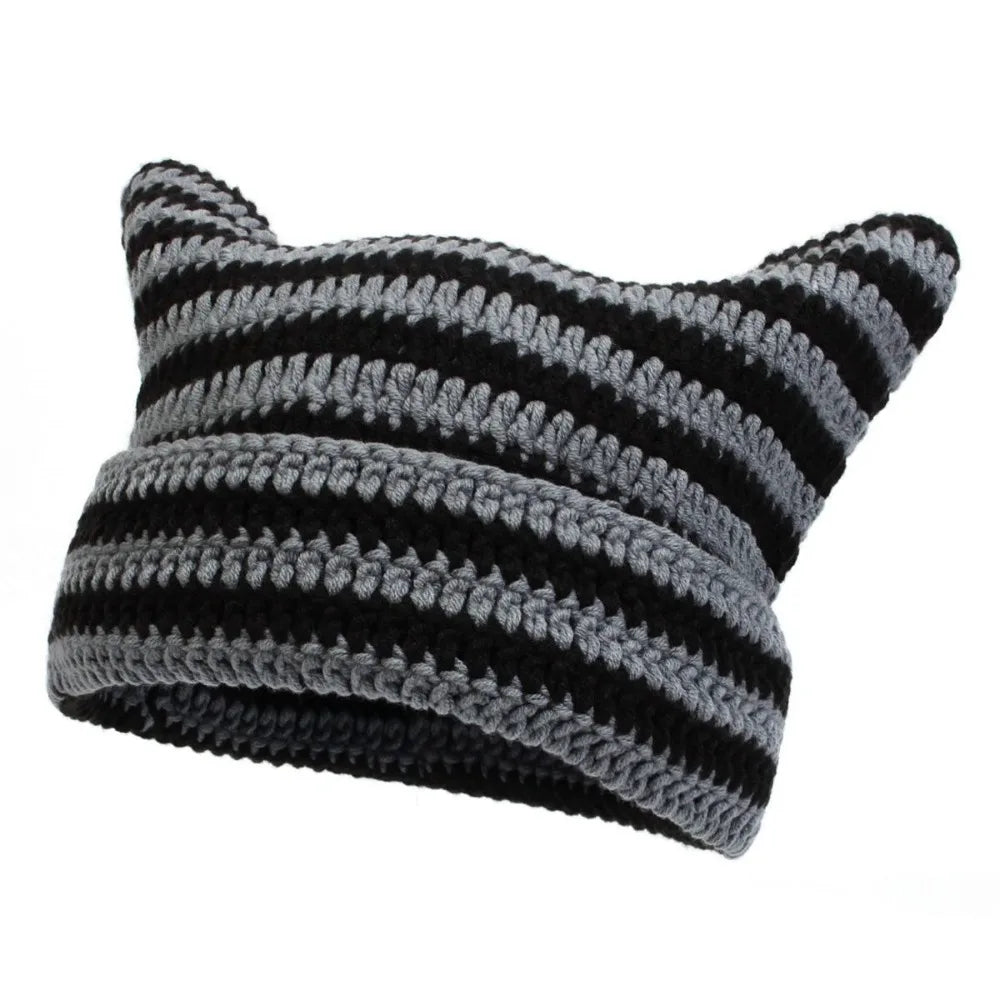 Y2K Cat Ears Beanie Hat – Striped Knit Crochet Pullover Knit Beanie Hat PLUSH Style 2