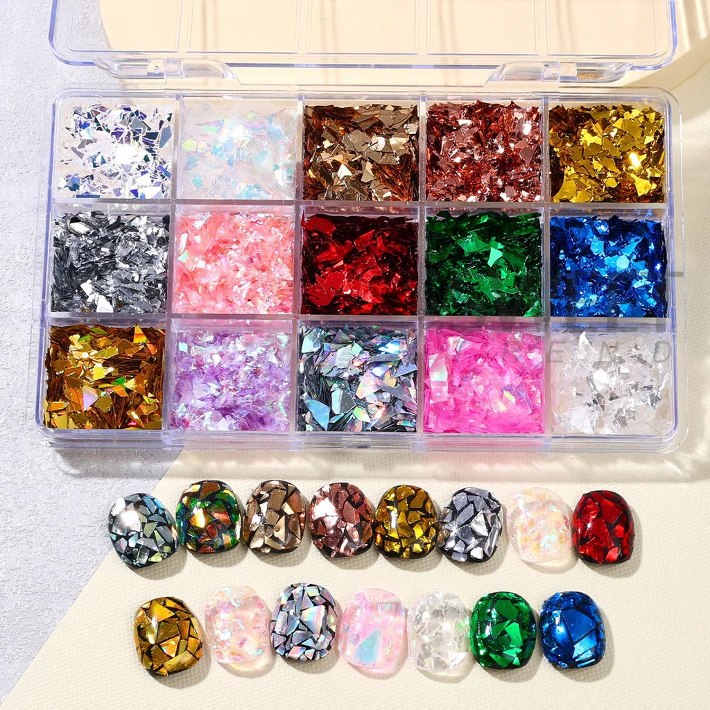 15-Grid Iridescent Broken Glass Nail Glitter Flakes | Aurora Sequins Nail Art Glitter PLUSH