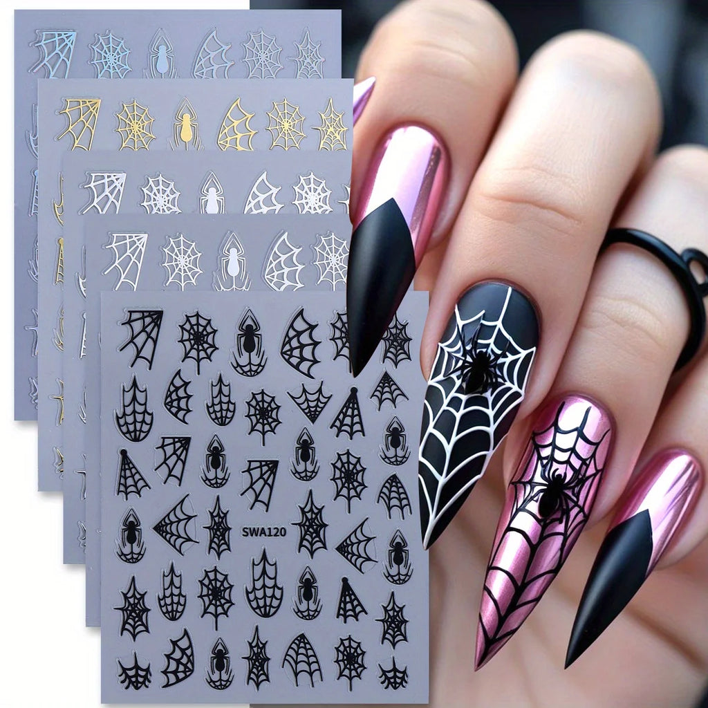 Y2K Spider Web Nail Art Stickers – Halloween Black Gold Silver Nail Art Stickers PLUSH