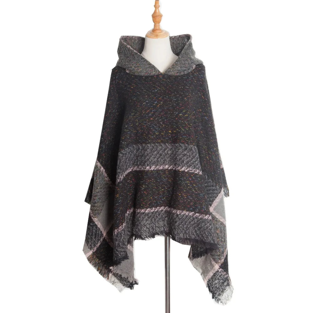 Women's Tassel Hooded Cape Plaid Knit Shoulder Wrap Cloak Hooded Cape Wrap PLUSH Black