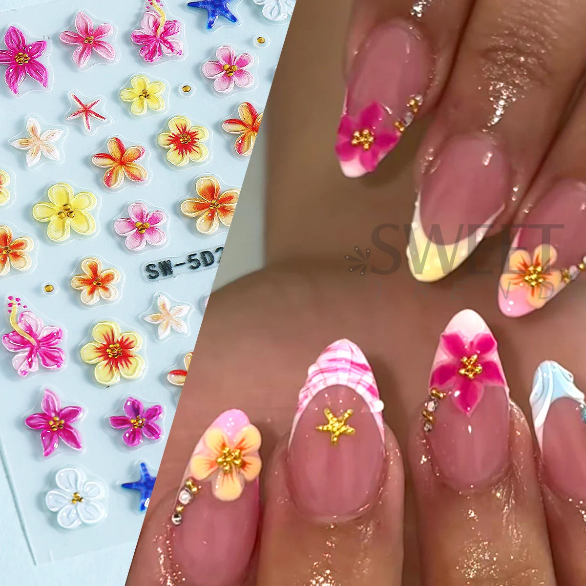 5D Embossed Nail Stickers – Tropical Flowers & Starfish Decals Nail Art Stickers PLUSH