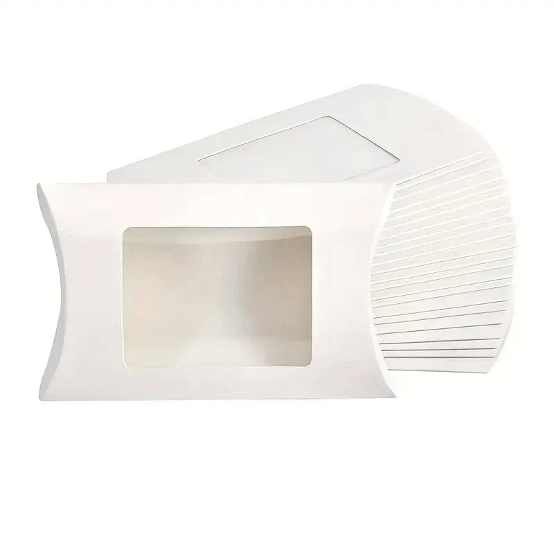 50pcs Paper Pillow Gift Boxes with Clear PVC Window | Candy & Jewelry Gift Packaging Boxes PLUSH white 50PCS