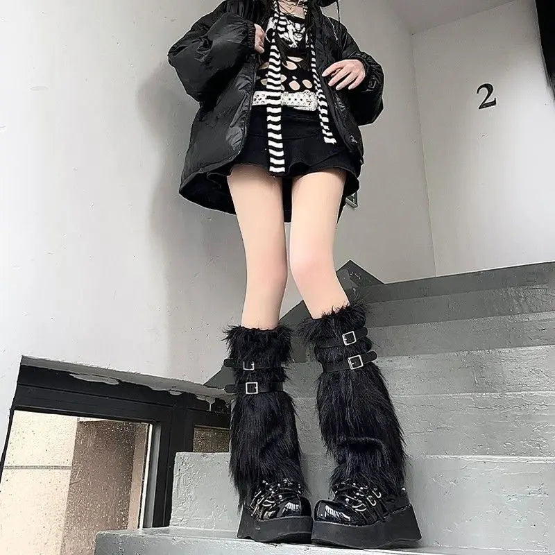 Y2K Faux Fur Leg Warmers & Boot Cuffs for Women – Winter Faux Fur Leg Warmers PLUSH Style E One Size