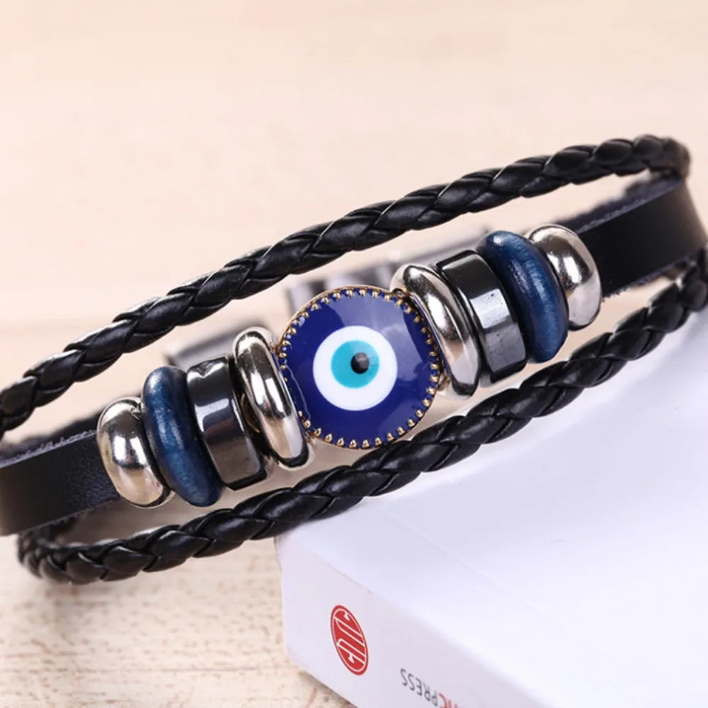 Turkish Evil Eye Multilayer Leather Braided Bracelet – Unisex Charm Bracelet PLUSH Picture color