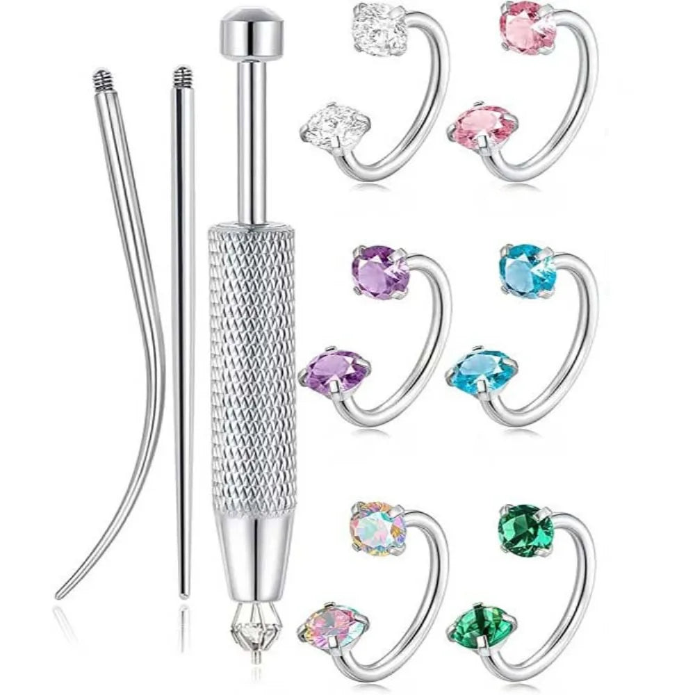 Stainless Steel Ear Piercing Tool Set – Taper & Ball Grabber Piercing Tool Set PLUSH Silver 9pcs