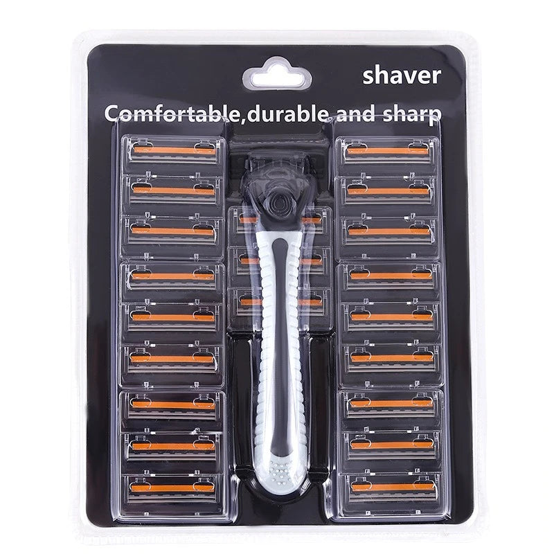 Men's 3-Layer Reusable Razor Set – 1 Handle + 21 Blade Heads Men's Razor Set PLUSH Orange Set