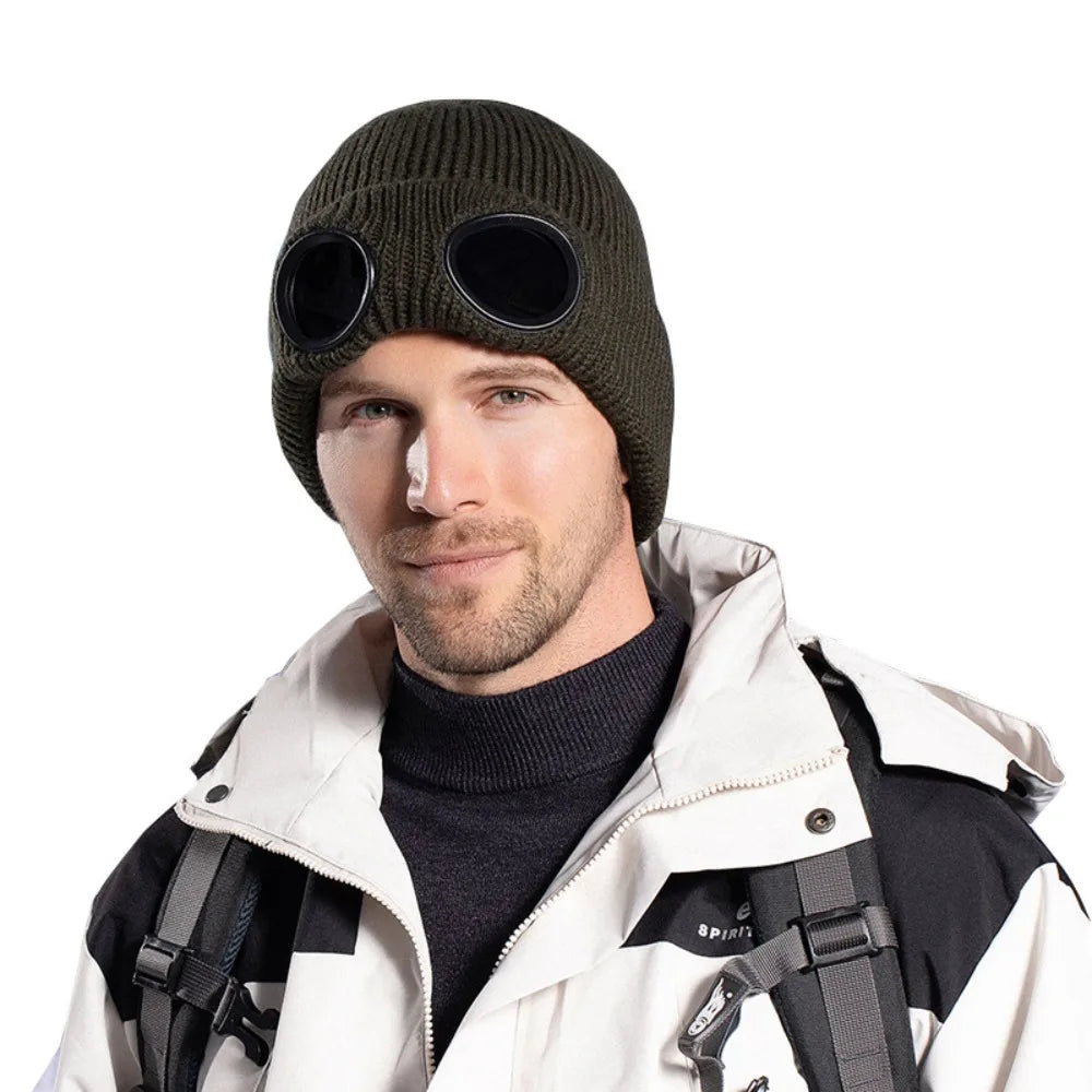 Windproof Knitted Ski Mask Hat with Removable Glasses Ski Mask Hat PLUSH Dark Green