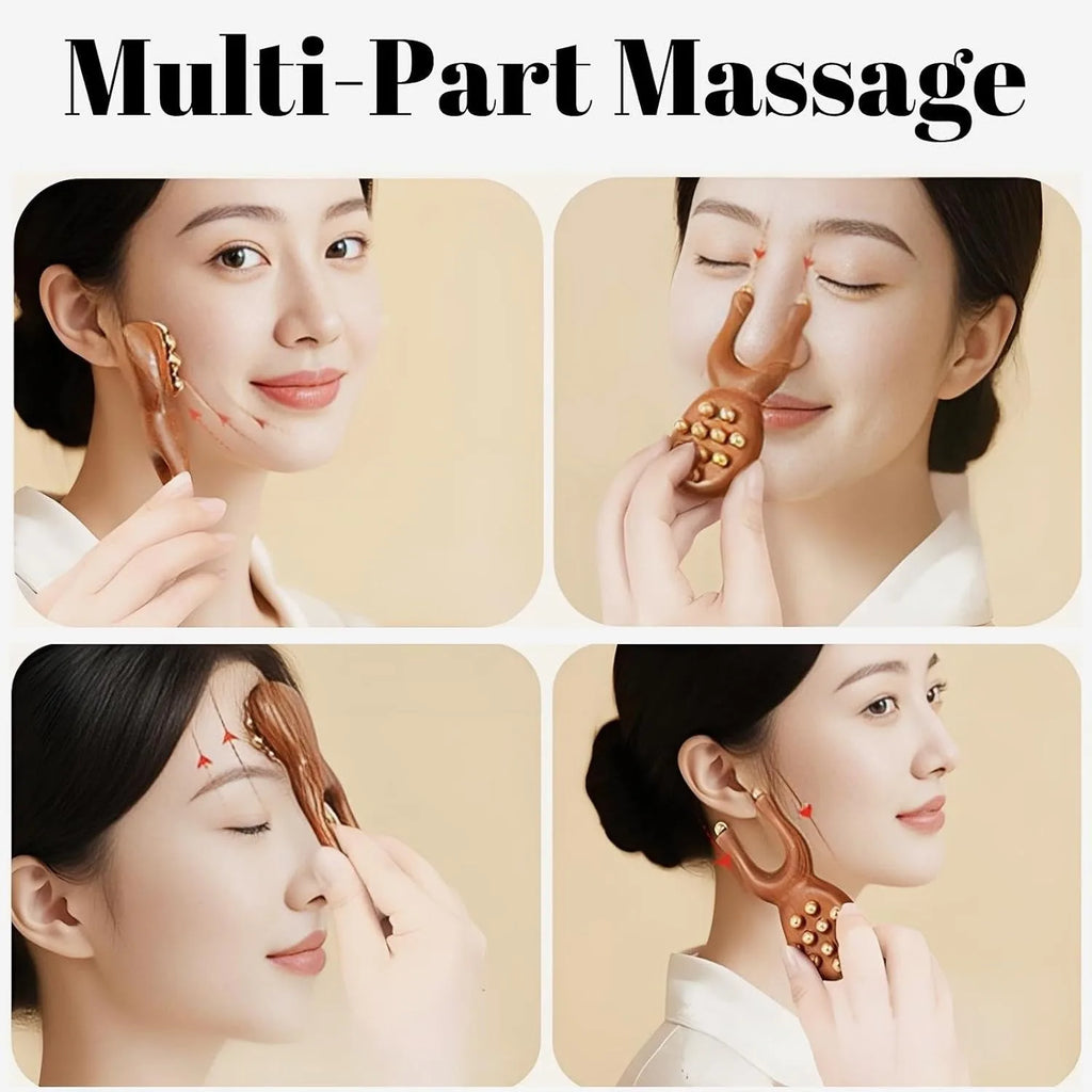 Sandalwood Y-Shaped Facial Roller – 12 Brass Beads Guasha Tool Facial Massage Roller PLUSH