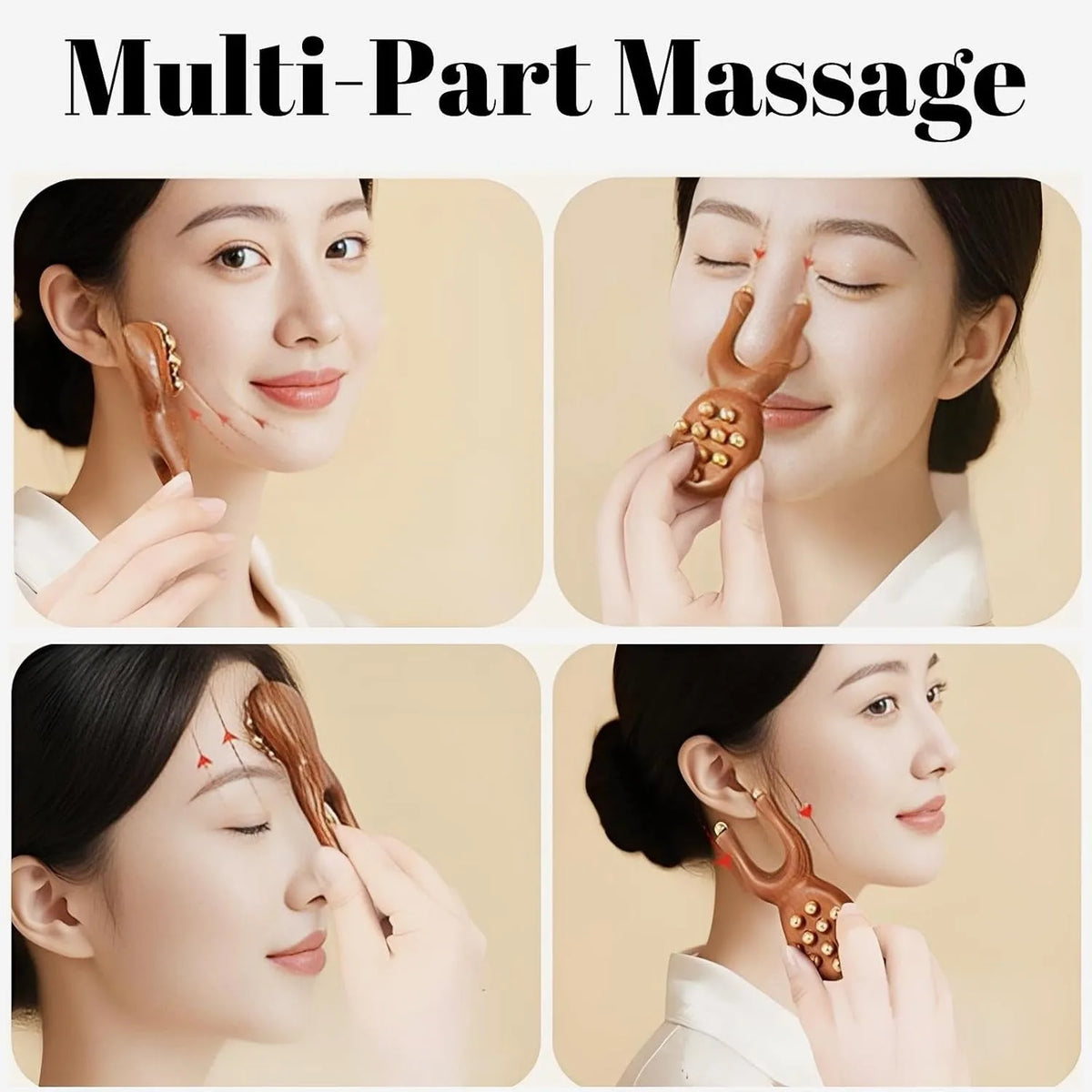 Sandalwood Y-Shaped Facial Roller – 12 Brass Beads Guasha Tool Facial Massage Roller PLUSH