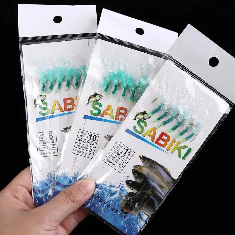 Sabiki Rigs Feather Lures 6pcs Steel String Hooks Set Fishing Hook Rig PLUSH