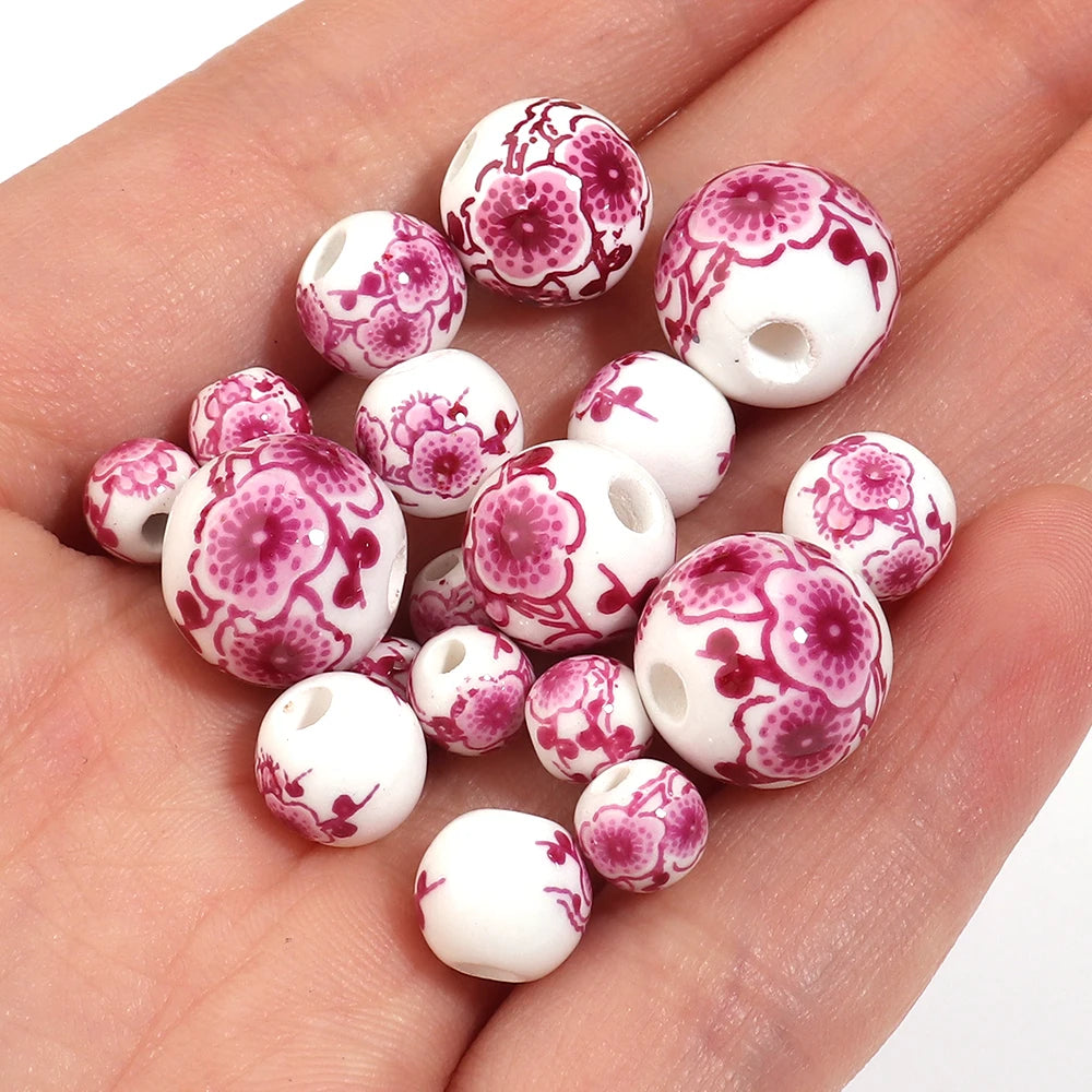 Hot Pink Plum Blossom Ceramic Beads – DIY Jewelry 6–12mm Ceramic Spacer Beads PLUSH