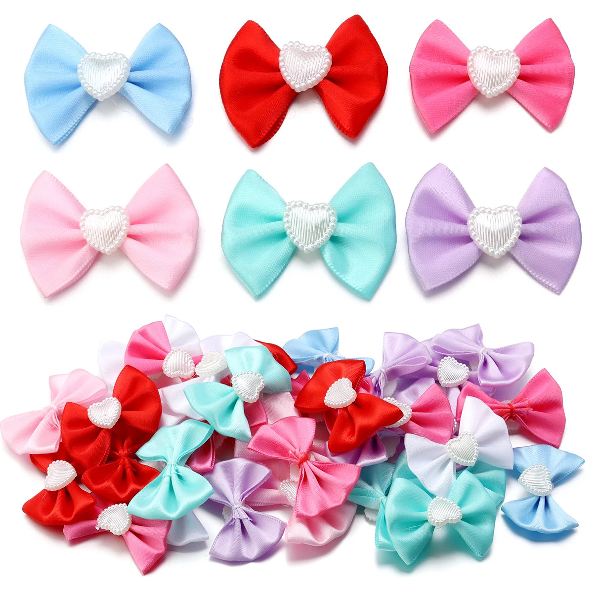 20pcs Satin Ribbon Bows with Pearl Heart – DIY Hair & Gift Decor Bow Appliques PLUSH