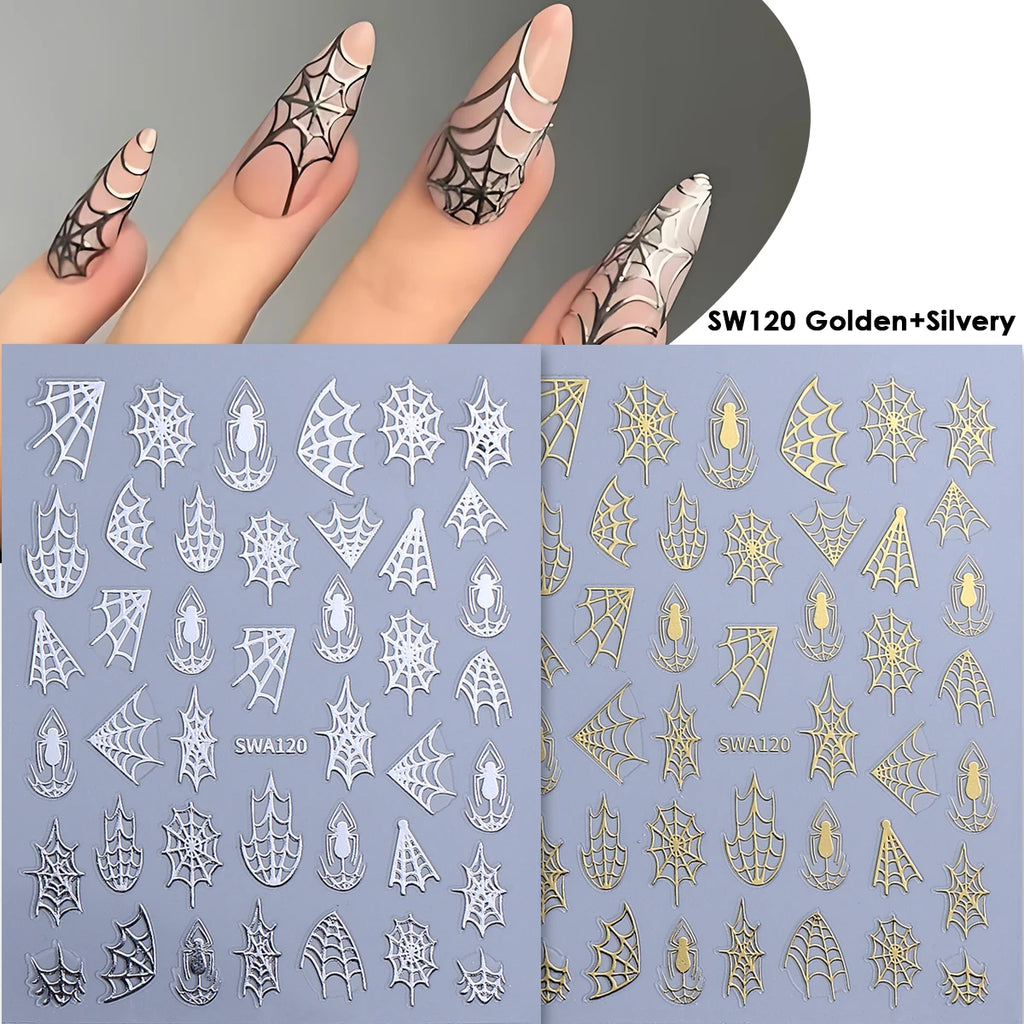 Y2K Spider Web Nail Art Stickers – Halloween Black Gold Silver Nail Art Stickers PLUSH SW120 Gold Silver