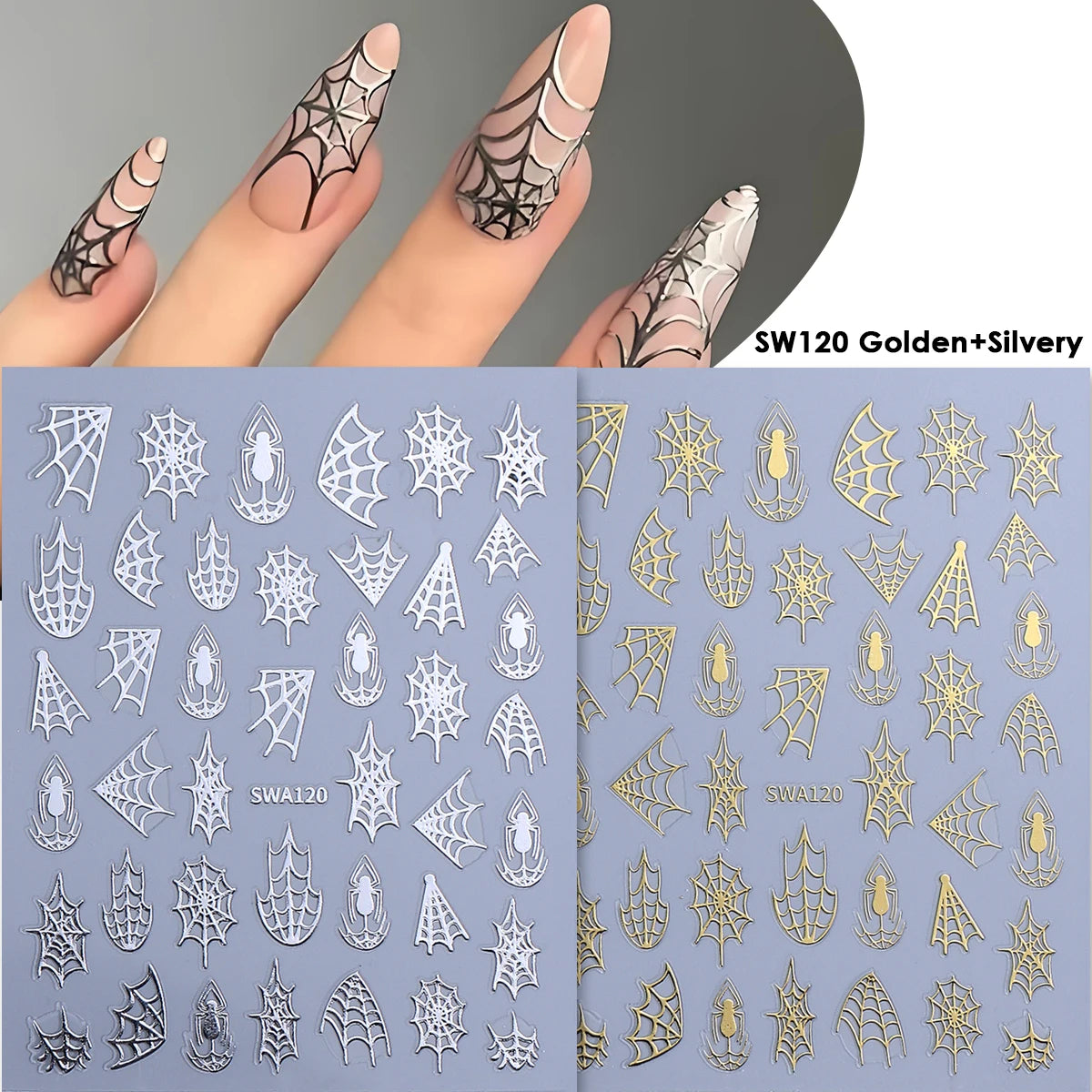 Y2K Spider Web Nail Art Stickers – Halloween Black Gold Silver Nail Art Stickers PLUSH SW120 Gold Silver