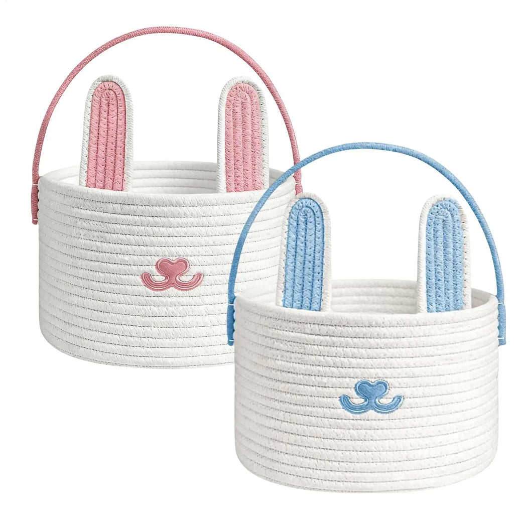 Easter Bunny Woven Cotton Rope Basket – Kids Egg Hunt Bag Easter Gift Basket PLUSH