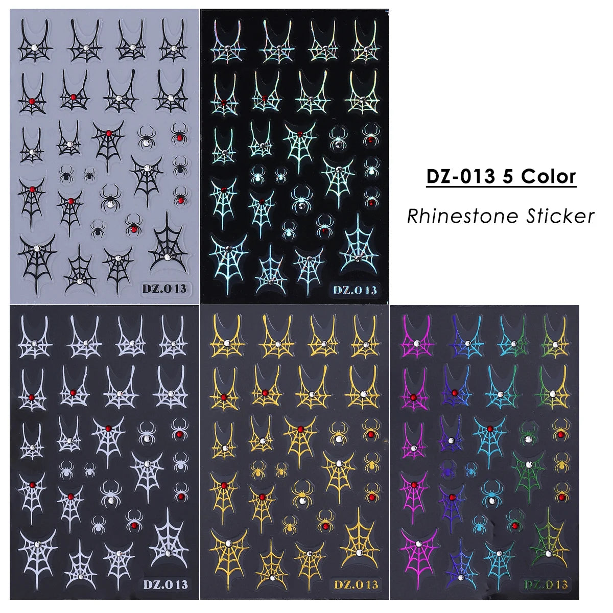 Halloween Spider Web Nail Decals – 5pcs Rhinestone Stickers Nail Art Stickers PLUSH DZ-013 5 Color