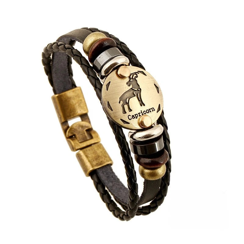 Retro Zodiac Constellation Leather Charm Bracelet – 12 Signs Leather Charm Bracelet PLUSH Capricorn