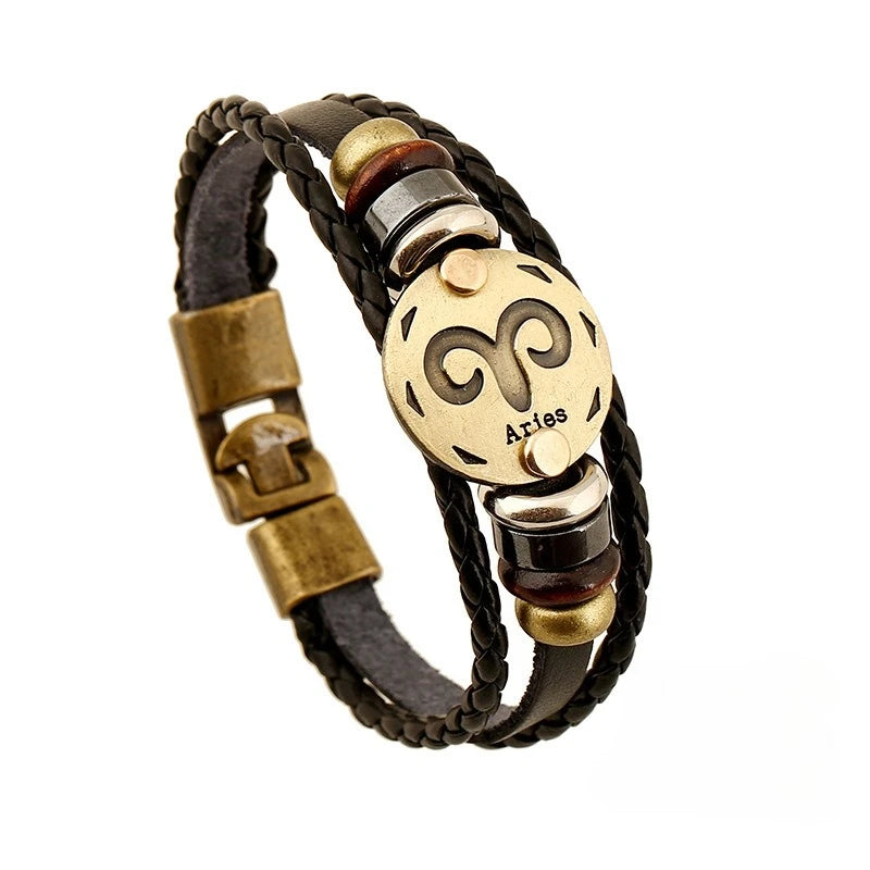 Retro Zodiac Constellation Leather Charm Bracelet – 12 Signs Leather Charm Bracelet PLUSH Aries