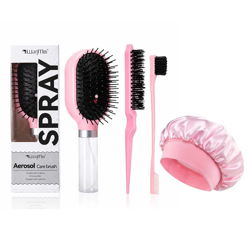 Spray Air Cushion Hair Brush Set – Detangling Comb & Satin Bonnet Hair Brush Set PLUSH pink set