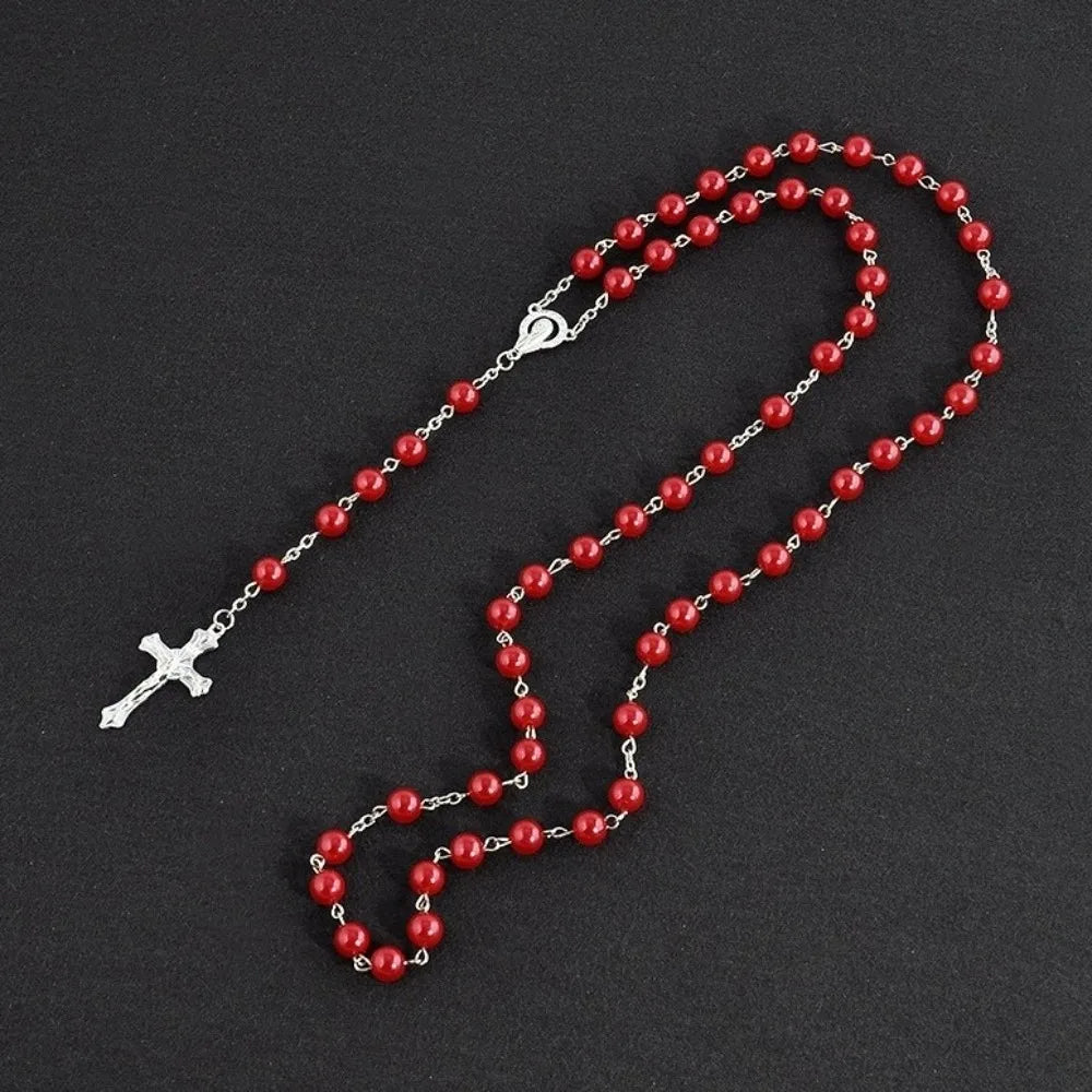 Vintage Cross Pendant Necklace | Faux Pearl Glass Bead Rosary Pendant Necklace PLUSH Red