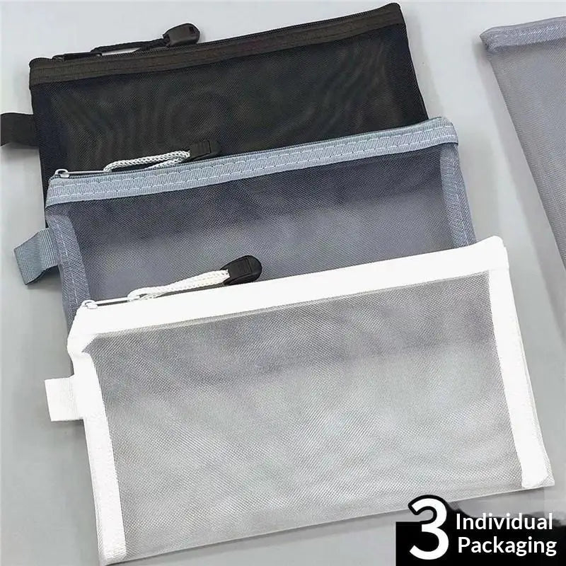 3-Pack Transparent Mesh Pencil Cases Large Capacity Nylon Zip Mesh Pencil Case PLUSH