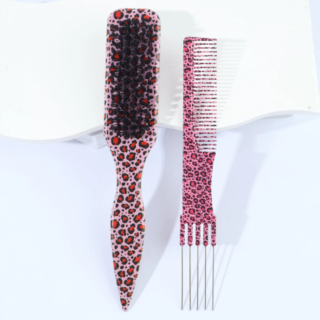 Leopard Print Rat Tail Styling Combs – 2pcs Sectioning Set Hair Styling Comb PLUSH