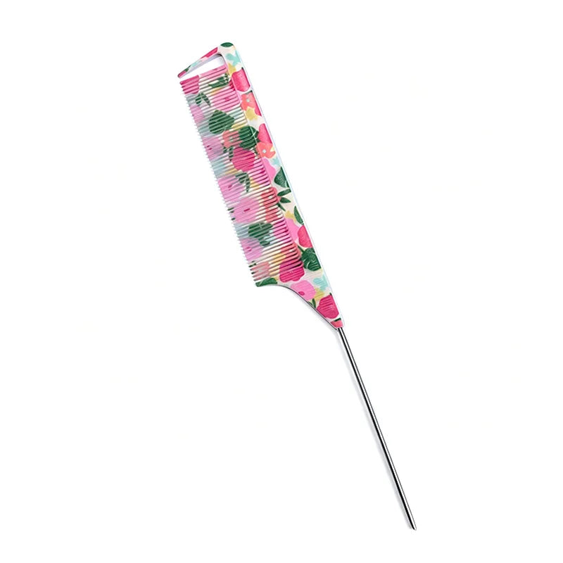 Anti-Static Floral Tail Comb – 5 Patterns | Salon & Home Hair Styling Comb PLUSH pink