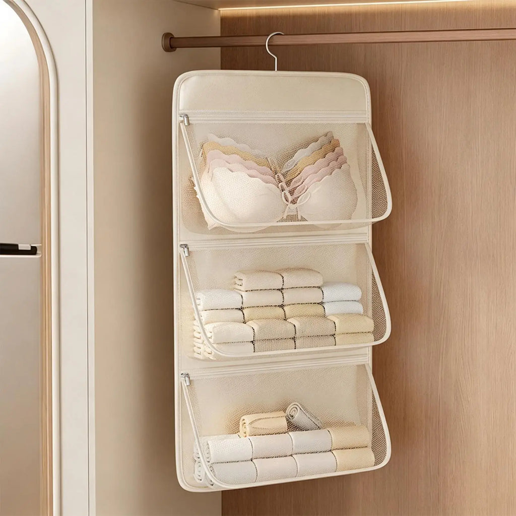 Hanging Mesh Closet Organizer – 3-Pocket Wardrobe Storage Bag Closet Organizer Bag PLUSH